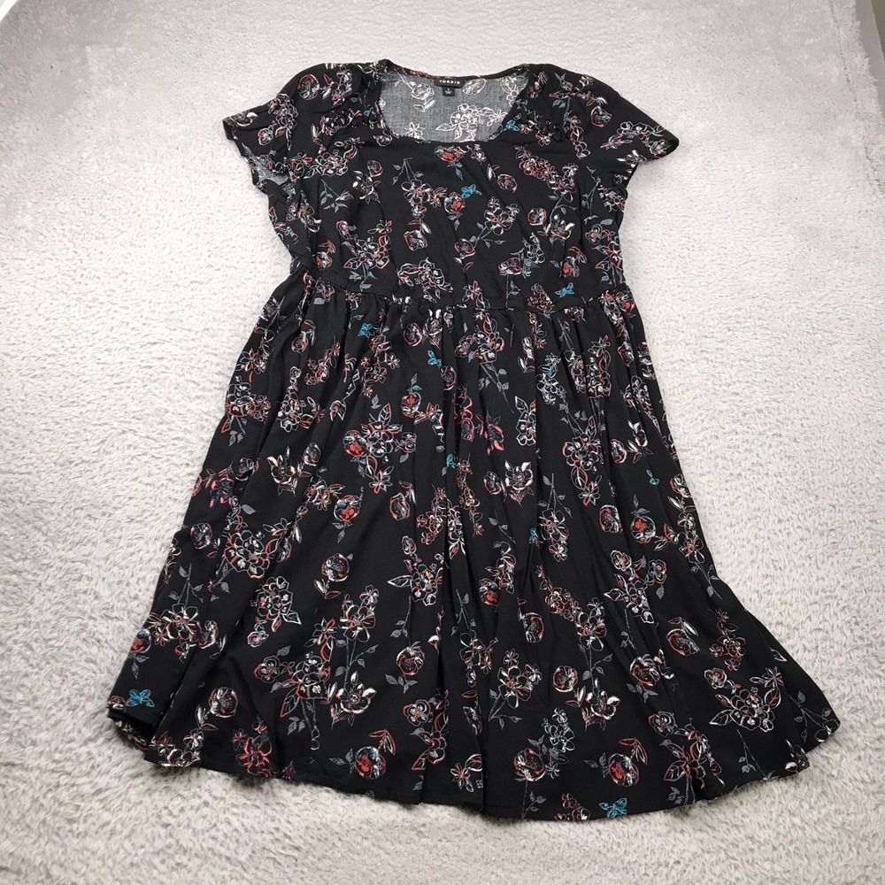 Torrid Challis Lace Up Sleeve Dress Womens 1X Black Floral‎ Round Neck Skater